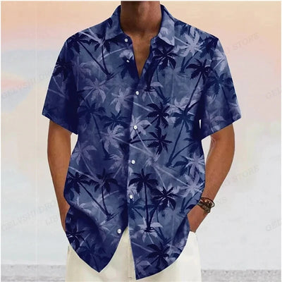 Summer Fashion Men's Hawaiian Shirts Coconut Tree Lapel Camisas Short Sleeve Shirt Floral Blouse Turn Over Collar Clothes Male
