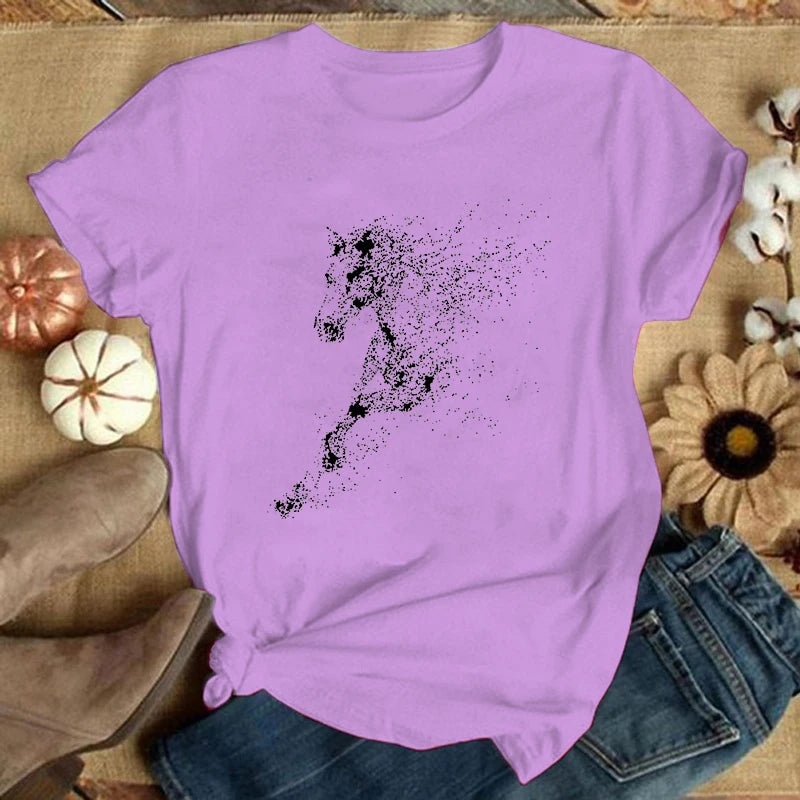Fashion Horse Print T-shrits For Women Summer Short Sleeve Round Neck Cute Loose T-shirt Creative Personalized Tops