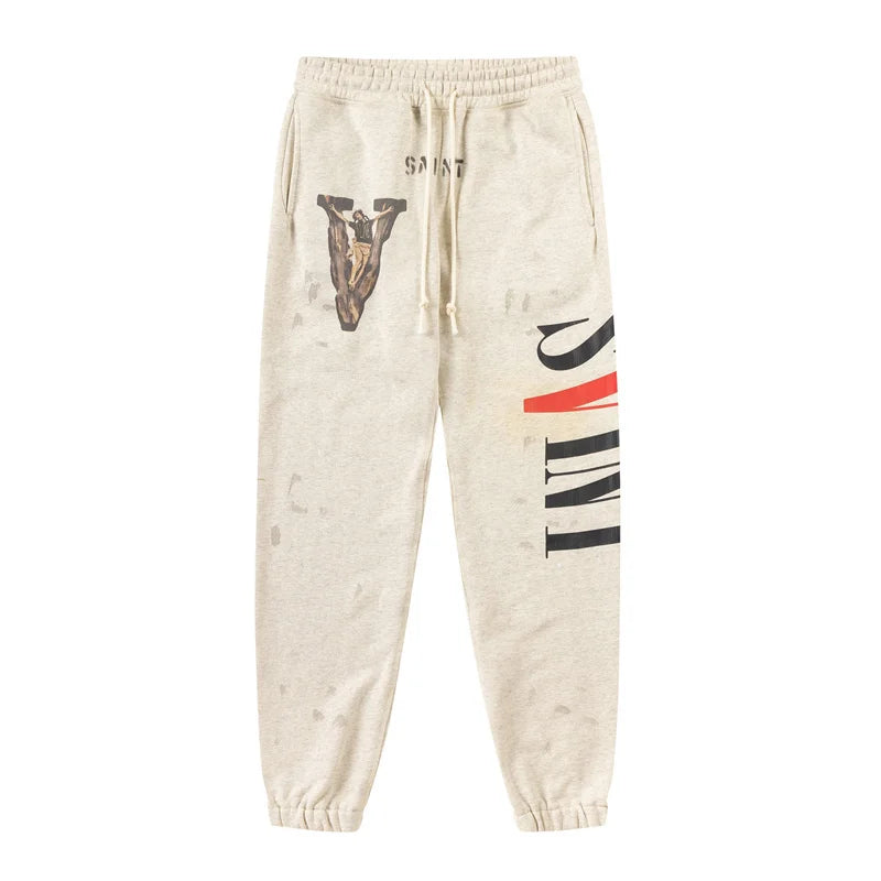 High Street Retro Fall Winter Hip Hop Casual Pants Washed Graffiti Printed Men Women Bunch Leg Saint High Quality Sweatpants