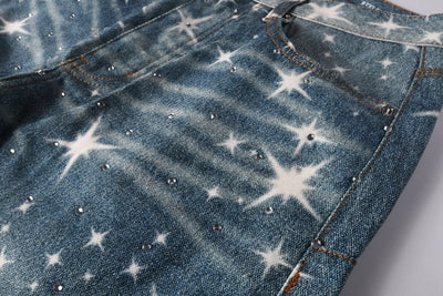 Men Straight jeans Fashion High Street Retro wash Rhinestones Retro Street Style Hip-hop Straight Trousers Streetwear Jeans