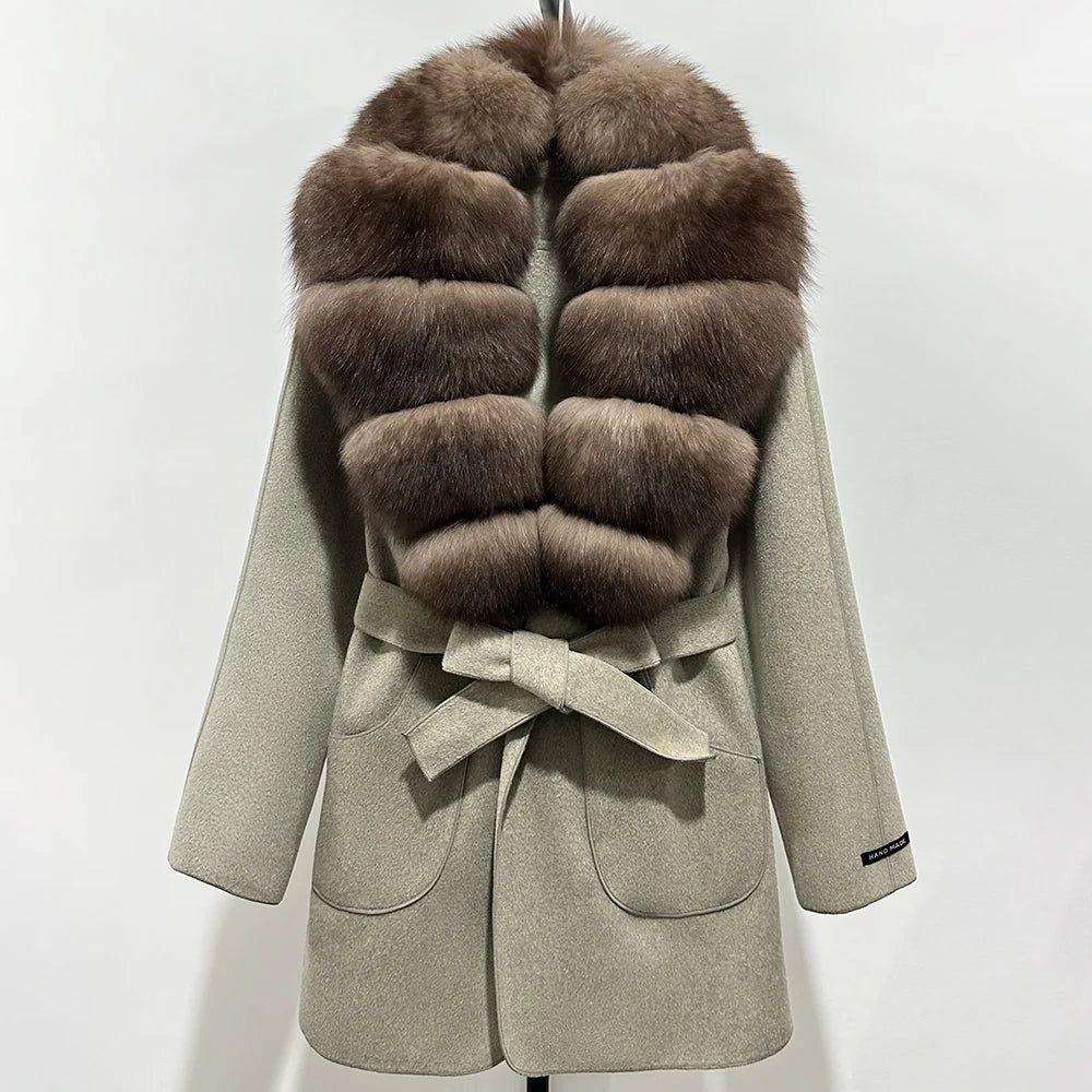 Wool Blend Jacket Autumn Women Winter Fashion Real Fox Fur Collar European Fahsion Woolen Coat Natural Fur Collar Coat Female