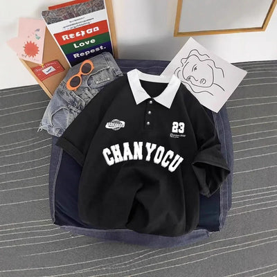 New Style Hong Kong Polo Collar Short Sleeve Men's Casual Overhead Shirt Neutral Leisure Fashion Summer Breathable Loose Fit