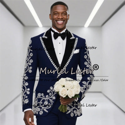 Sparkly Crystals Beaded Suits Men For Wedding Black Peaked Lapel Prom Blazers Outfit 2 Pieces Groom Tuxedos Customized Clothing
