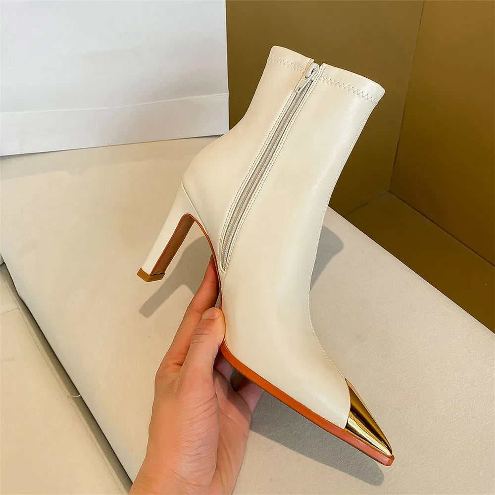 MILI-MIYA Fashion Metal Cover Pointed Toe Women Microfiber Ankle Boots Thick Heels Zippers Solid Color Casuals Street Shoes Hand