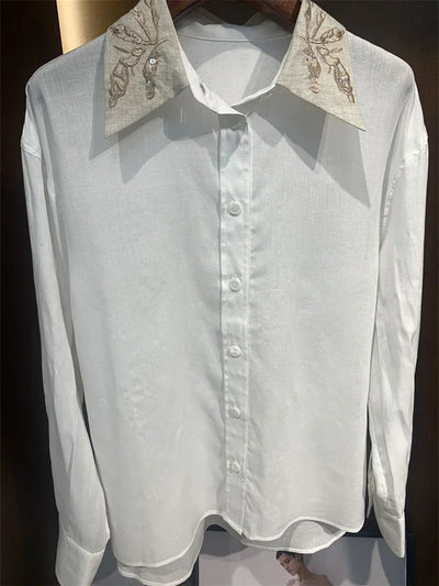 Women White Linen Blends Shirt Sequin Embroidery Turn-Down Collar Long-Sleeved Lady Loose Blouse