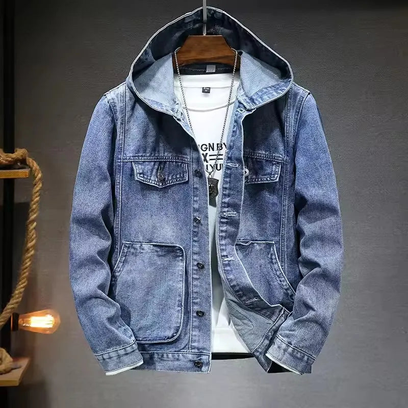 New men's hooded denim jacket Spring and Autumn New Style Trendy street casual regular men's denim tops