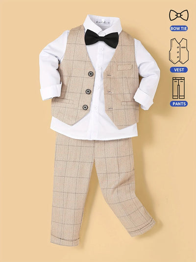 Flower Boy Attire for Weddings Kids Formal Vest Pants Bowtie 3Pieces Outfit Suti for Piano Host Speech Performance