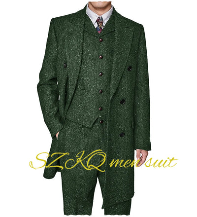 Men's Suit Retro 3 Piece Herringbone Long Jacket Double Breasted Blazer