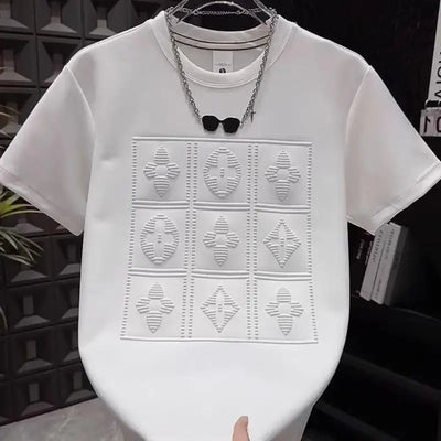 2025 summer new men's versatile heavy industry letter steel print short sleeve t-shirt fashion casual crew neck pullover top