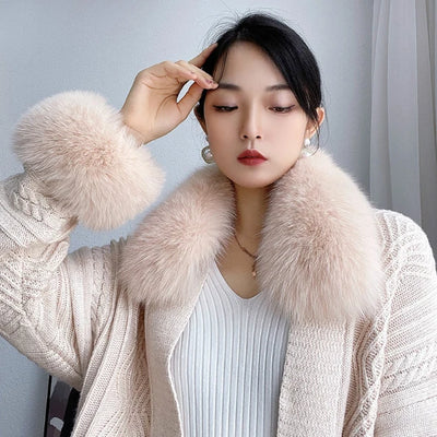 Real Fur Collar and Cuff Set Decor Women Winter Fox Fur Scarf Neck Warm Furry Natural Fur Cuffs Thick Fur Shawl Sleeves Scarves