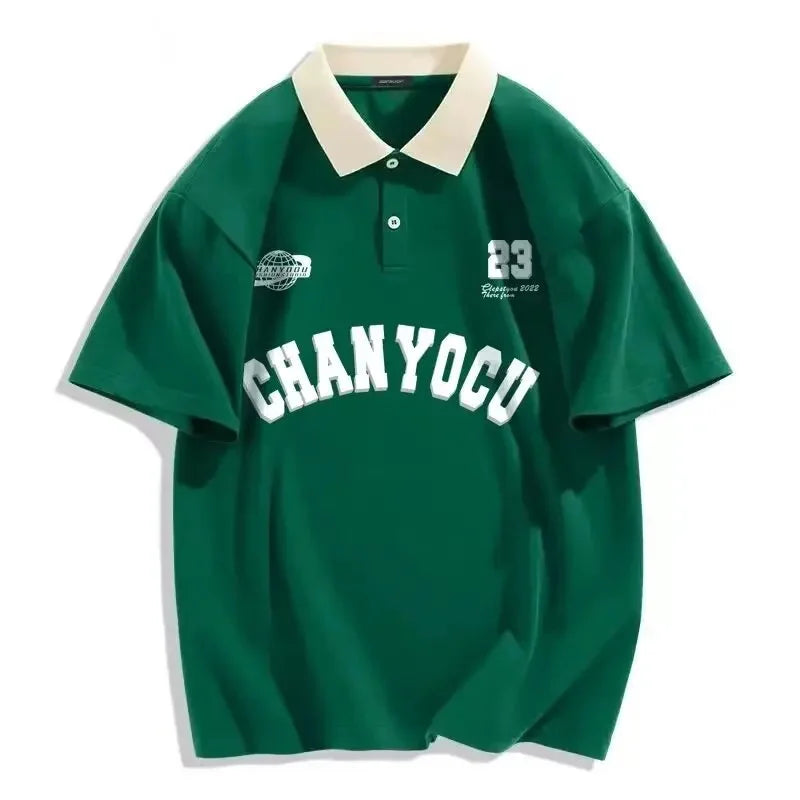 New Style Hong Kong Polo Collar Short Sleeve Men's Casual Overhead Shirt Neutral Leisure Fashion Summer Breathable Loose Fit