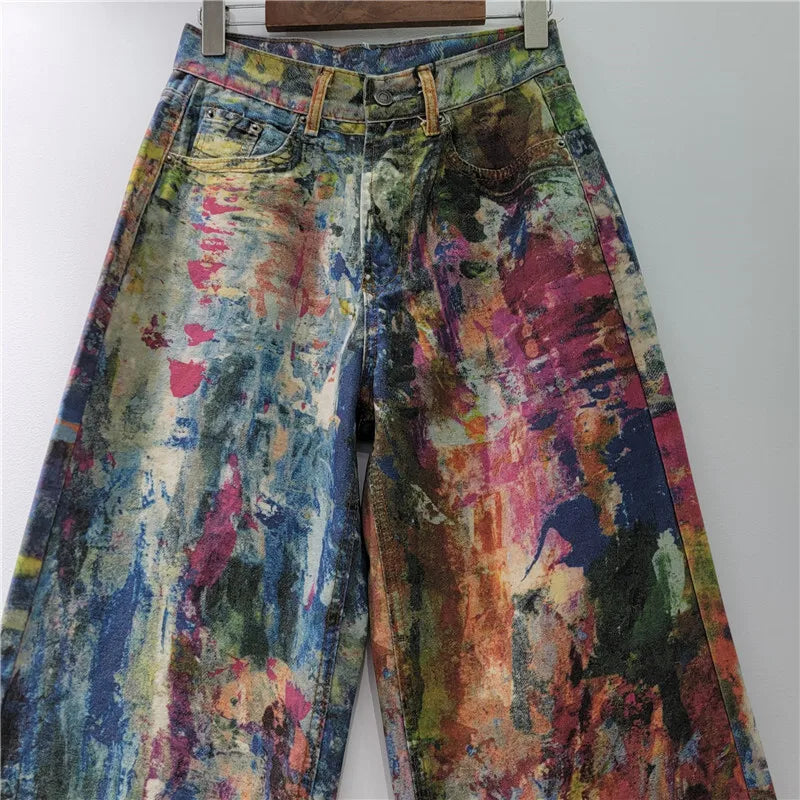 DEAT Women's Jeans High Waist Retro Colorful Straight Printed Splashed Ink Graffiti Denim Pants 2025 New Fashion Summer 29L9916