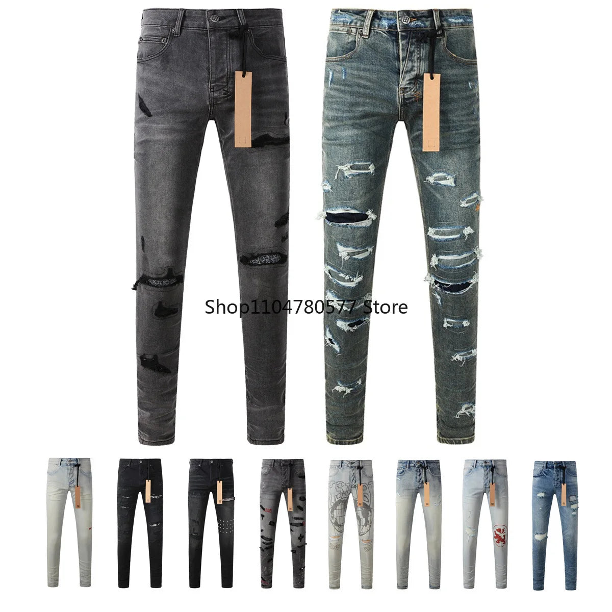 High Street Men's Jeans Low Rise Stretch Skinny Button Fly Ripped Hold Black Pants