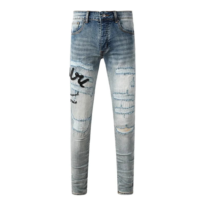 Americans Streetwear Distressed Vintage Men's Jeans Low Rise Stretch Skinny Button Fly Ripped Hold Pants