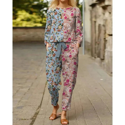 Spring Summer New Vintage Print Long Sleeve round Neck T-Shirt Set Wide Leg Pants Ethnic Style Fashionable Women's Outfit