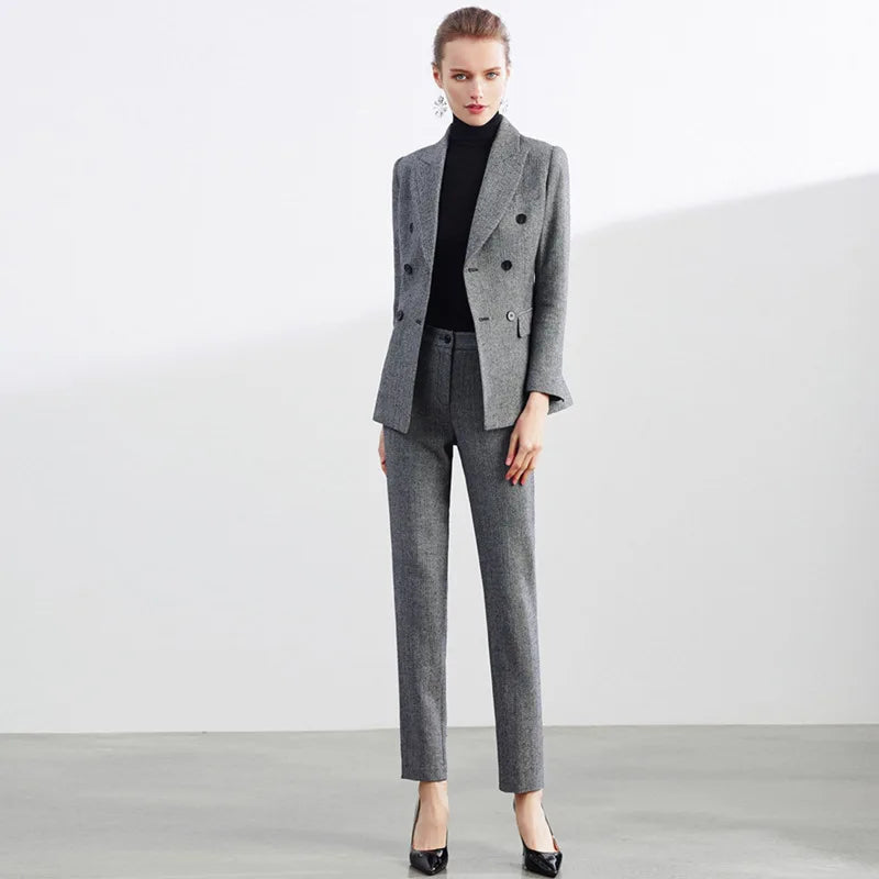 Retro Wool Suit Two Piece Sets Womens Outifits Double-Breasted Blazer Female President Manager Professional Suit Set Clothing