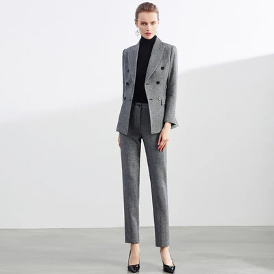 Retro Wool Suit Two Piece Sets Womens Outifits Double-Breasted Blazer Female President Manager Professional Suit Set Clothing