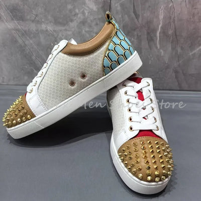 2025 Autumn Leather White Blue Splice Casual Shoes Spike Toe Streetwear Men Shoes Fashion Lightweight Flat Sneakers for Women