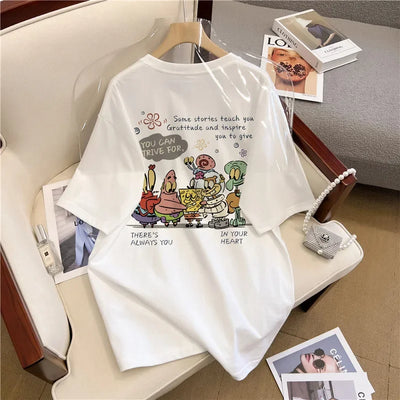 Cotton Cartoon Print Short Sleeve T-Shirt Women's Loose Fit Casual Versatile Top Summer 2024 New Arrival Crew Neck Design