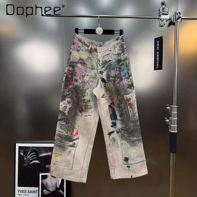 2025 Autumn Retro Style Painted Graffiti Print Loose Jacket Cargo Pants Two-Piece Set Women American Street Fashion Denim Suit