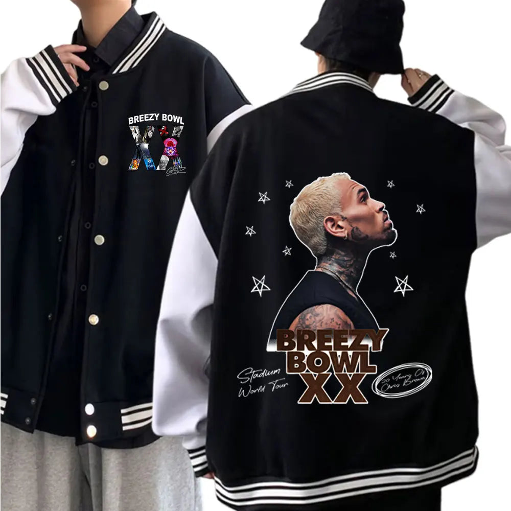 Rapper Chris Brown Breezy Bowl XX Concert Baseball Jacket Preppy Style Baseball Uniforms Casual High Street Tops