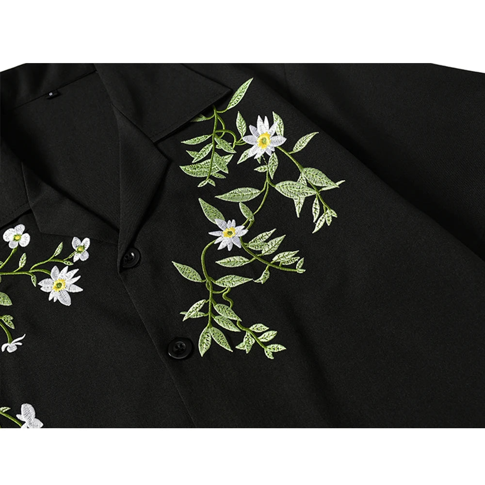 Dark Icon Embroidery Cool Material Men's Shirt Short Sleeve Hawaii Beach Shirts Black Beige