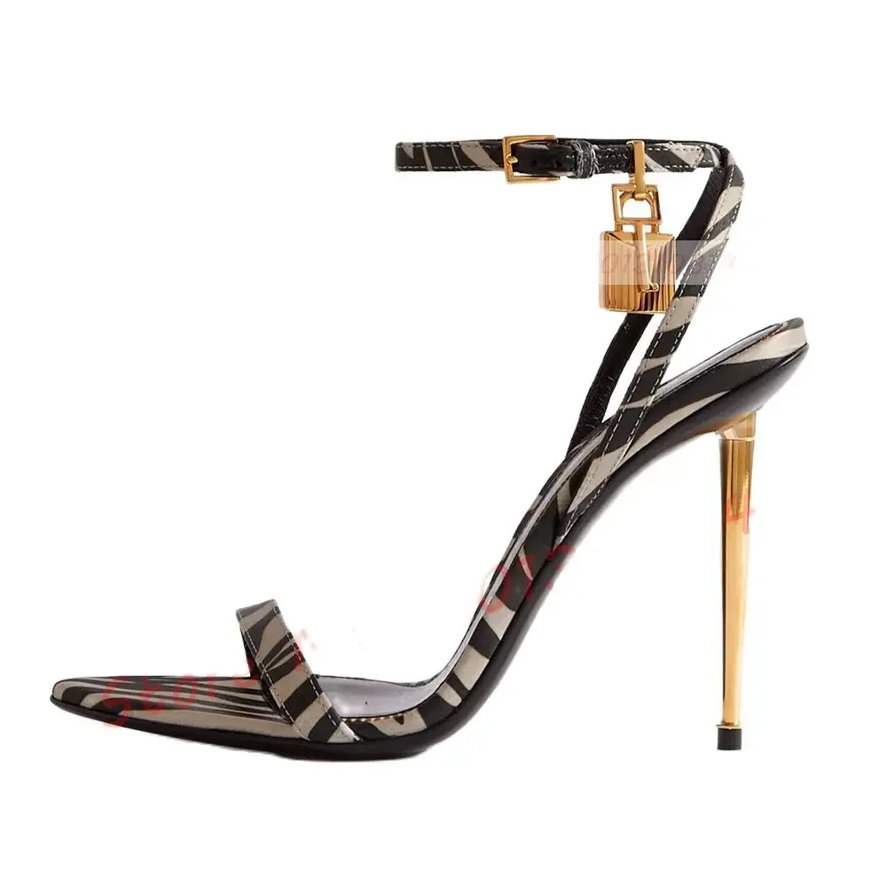 Padlock Zebra-print Satin Sandals Sexy Women Gold Pendant Metal High Heel Shoes Ladies Ankle Strap Summer Feminine Evening Shoes