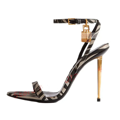 Padlock Zebra-print Satin Sandals Sexy Women Gold Pendant Metal High Heel Shoes Ladies Ankle Strap Summer Feminine Evening Shoes