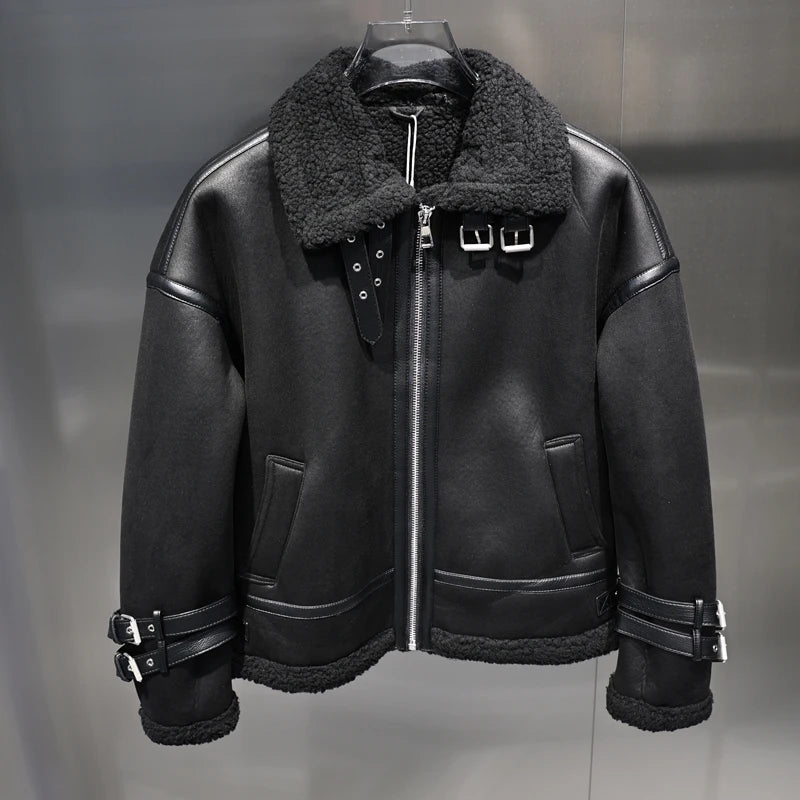 Thiened Winter Flight Jaet Lamb Fur Lined Inteated Leather Metal Bule Design Warm Coat Outerwear for Men