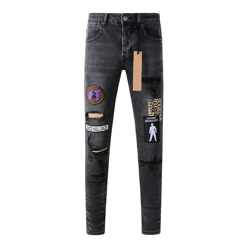 25fw High Street Men's Jeans Paint Hole Trend Low Rise Skinny Denim Pants Pleated Ripped Solid Trousers
