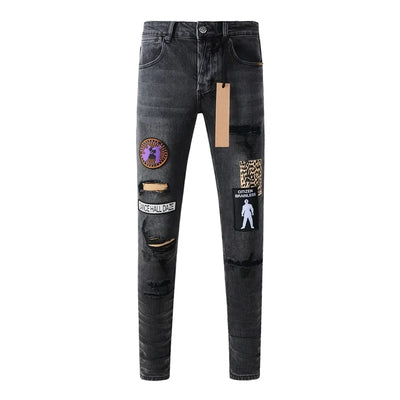 25fw High Street Men's Jeans Paint Hole Trend Low Rise Skinny Denim Pants Pleated Ripped Solid Trousers