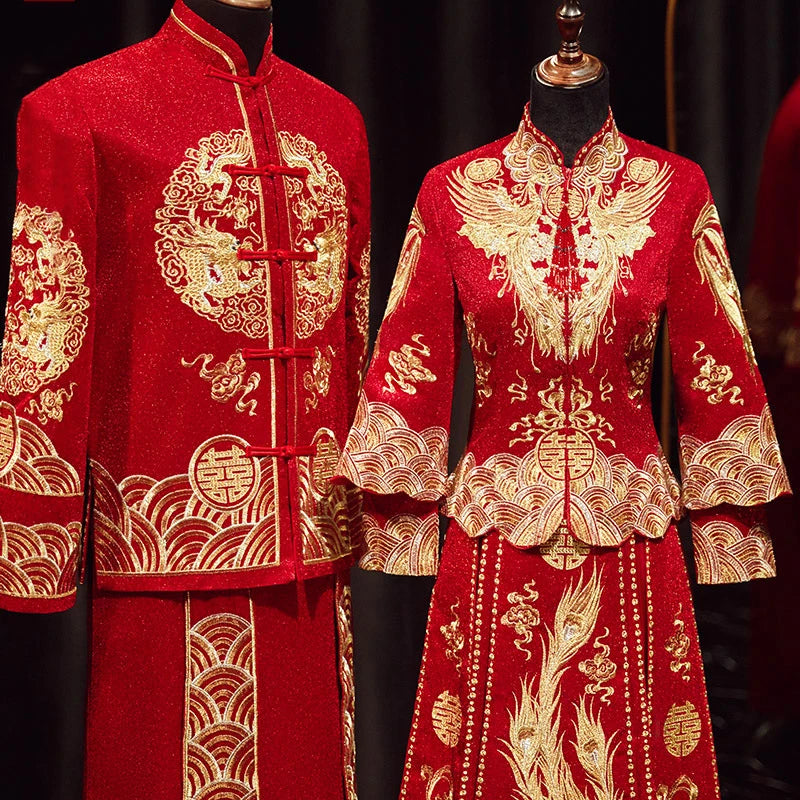 Traditional Chinese Bridegroom Bride Wedding Dress Qipao Costume Classic Embroidered Dragon Phoenix Cheongsam Hanfu Clothing 4XL