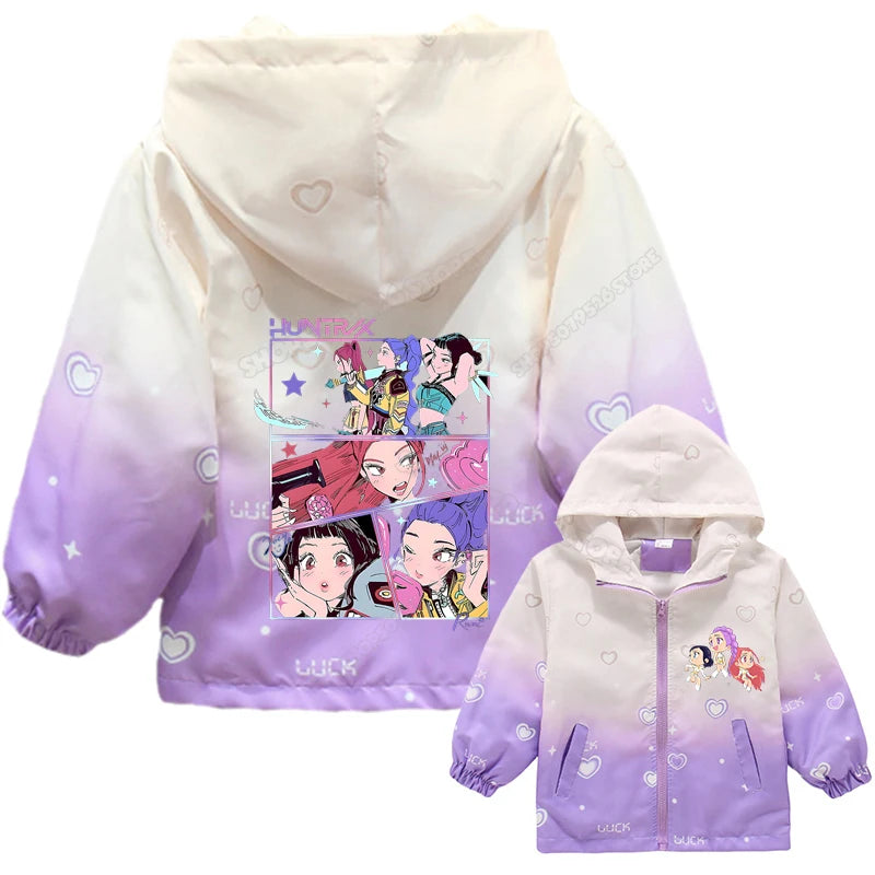 KPop Demon Hunters Girls Hood Jacket Kids Windbreak Coat Outdoor Casual Waterproof Jackets Zip Up Coat Movie Anime Outerwear