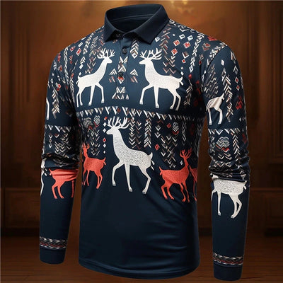 New Men's Christmas Printed Polos Autumn Long Sleeve Button Casual Shirt Festive Holiday Wear Classic Polo Neck Design Polos