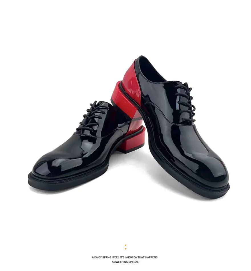 Men's High-End Patent Leather Derby Shoes Square Headed Trendy Lace-Up Patchwork Business Style for 2025