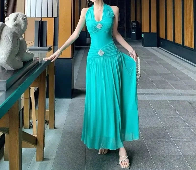 French Style Neck Hanging Waist Cinching Slimming Vacation Dress New Long Ankle-Length Princess Sleeve V-Neck Dress