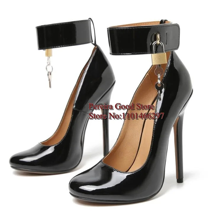 Modern Gold Lock Ankle Strap Women Pumps Red Black Patent Leather Round toe Thin Heels Evening Party Shoes Drop Shipping