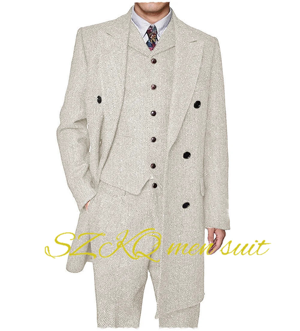 Men's Suit Retro 3 Piece Herringbone Long Jacket Double Breasted Blazer