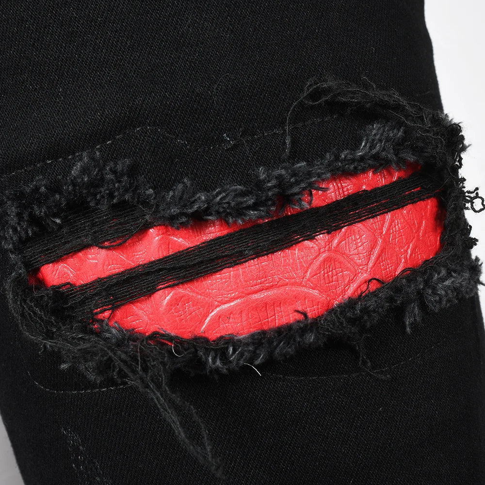 Men's Black Snake Embroidery Stretch Denim Jeans Pants Skinny Tapered Pencil Trousers with Snakeskin Leather Patch