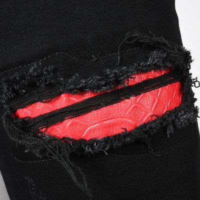 Men's Black Snake Embroidery Stretch Denim Jeans Pants Skinny Tapered Pencil Trousers with Snakeskin Leather Patch