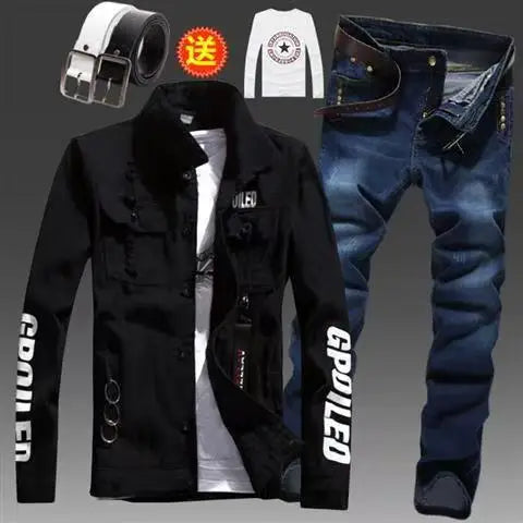 Men's Slim Fit Denim Jacket Pants 2pcs Set Long Sleeve Coats Letters Printed Casual Large Size Black White Red Boys Trousers