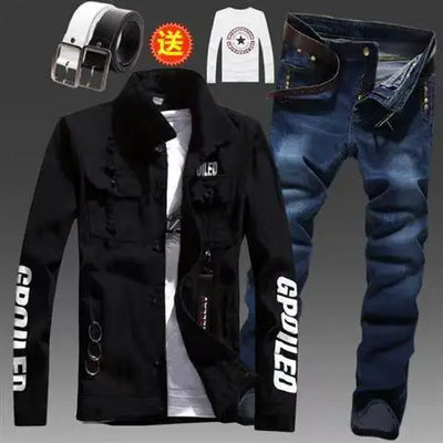 Men's Slim Fit Denim Jacket Pants 2pcs Set Long Sleeve Coats Letters Printed Casual Large Size Black White Red Boys Trousers