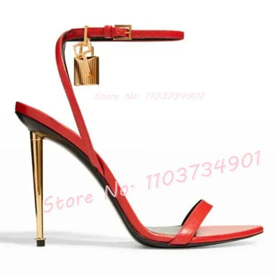 Metal Heel Lock Metallic Leather Sandals Female Luxury Open Toe Stiletto High Heels Shoes Lady Elegant Party Ankle Strap Sandals