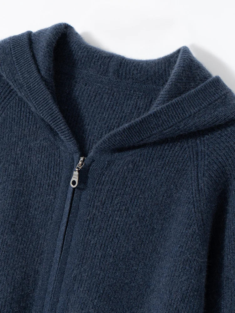 Men's Autumn Winter Cashmere Sweater Zippers Hooded Cardigan Jacquard Casual Pockets 100% Cashmere Knitwear Raglan Sleeve Tops