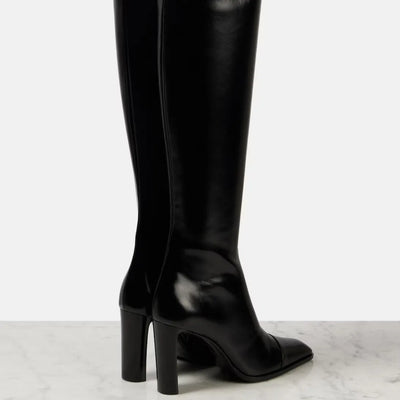 Women's Leather Pointed Toe Knee - High Boots With Block Heel Elegant Trendy Footwear For Party Office And Daily Wear