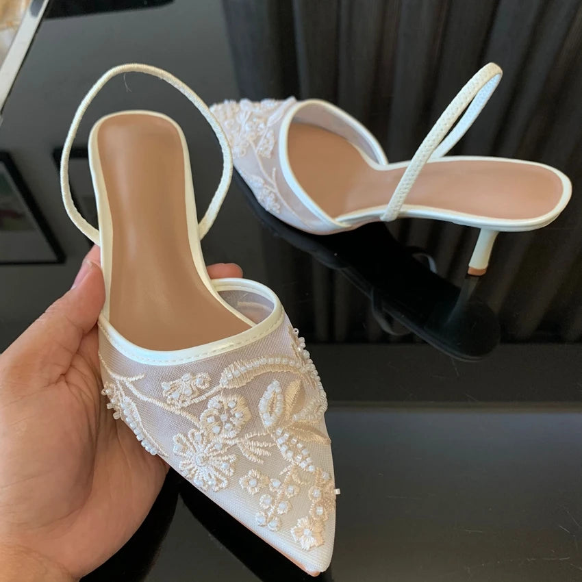 Brand Designer White Women Pumps Mesh Embroidered Flowers Back Strap Sexy Slingback High Heels Dress Wedding Shoes for Ladies