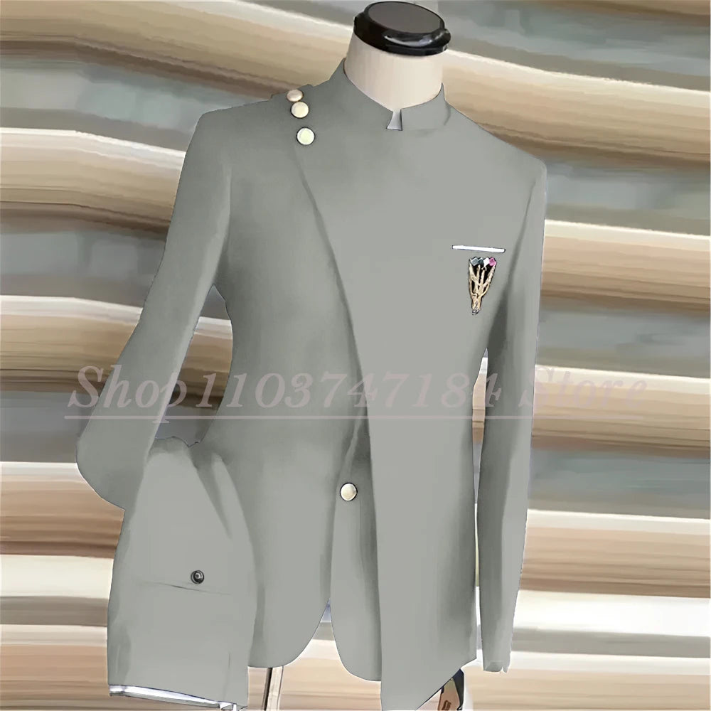 Navy Blue Men's Suits Single Breasted Stand Lapel Blazer African Style Formal Occasion Party 2 Piece Jacket Pants Costume Homme