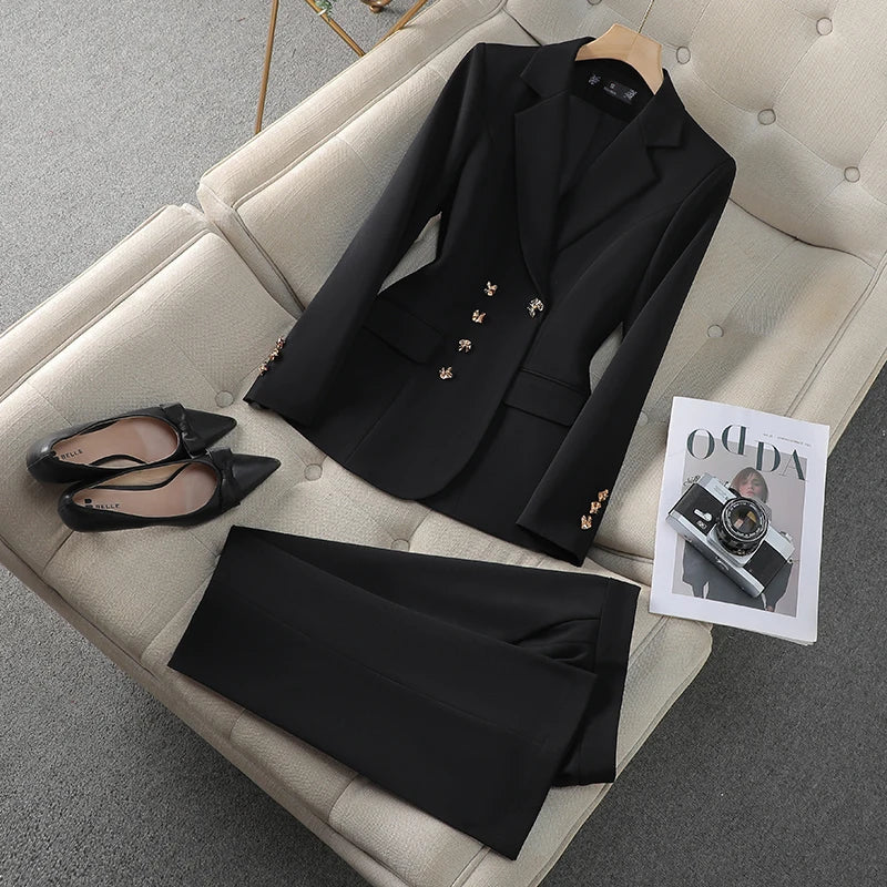 NAVIU New 2024 Women Pant Suits Pink Blazer And Jacket Set Office Ladies Work Business Uniform Female Pantsuit OL Style Beige