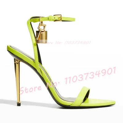 Metal Heel Lock Metallic Leather Sandals Female Luxury Open Toe Stiletto High Heels Shoes Lady Elegant Party Ankle Strap Sandals
