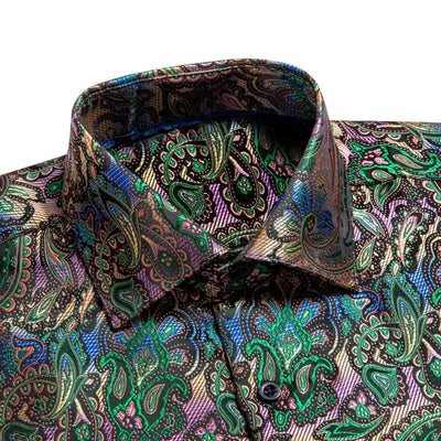 Jacquard Silk Mens Shirts Pink Blue Red Green Gold Long Sleeve Single Breasted Lapel Shirt Blouse Outerwear Wedding Business